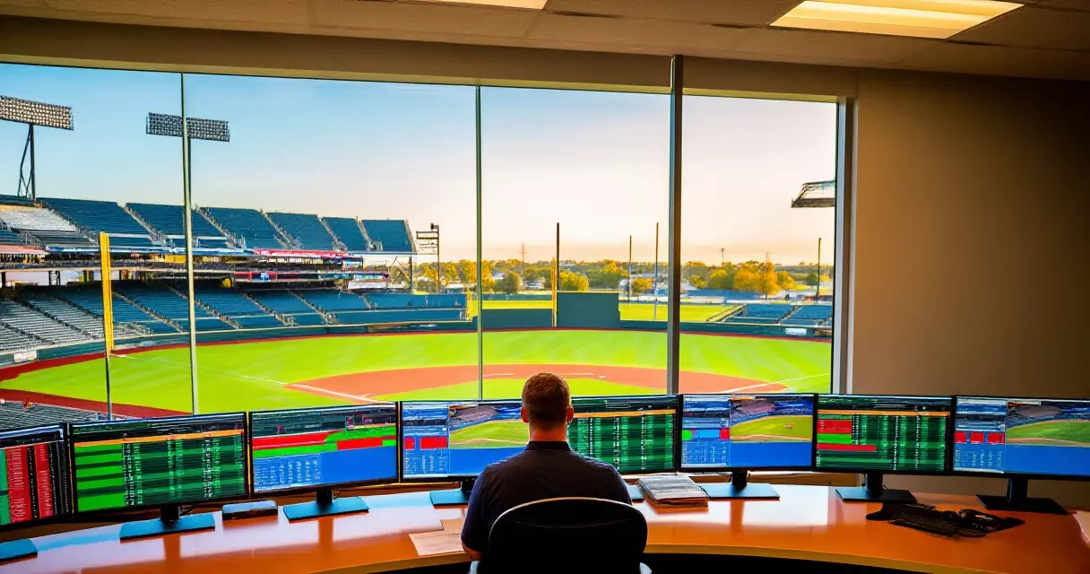 Sports analyst reviewing statistics on multiple monitors overlooking a baseball stadium
