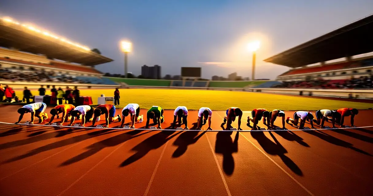 Athletes in starting position on an outdoor running track at dusk