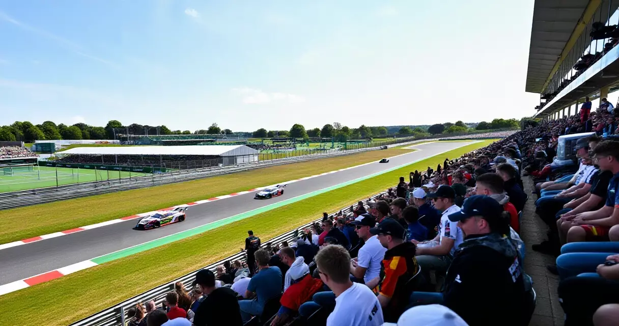 Spectators at a motorsport Sprint race with a tennis stadium in the background