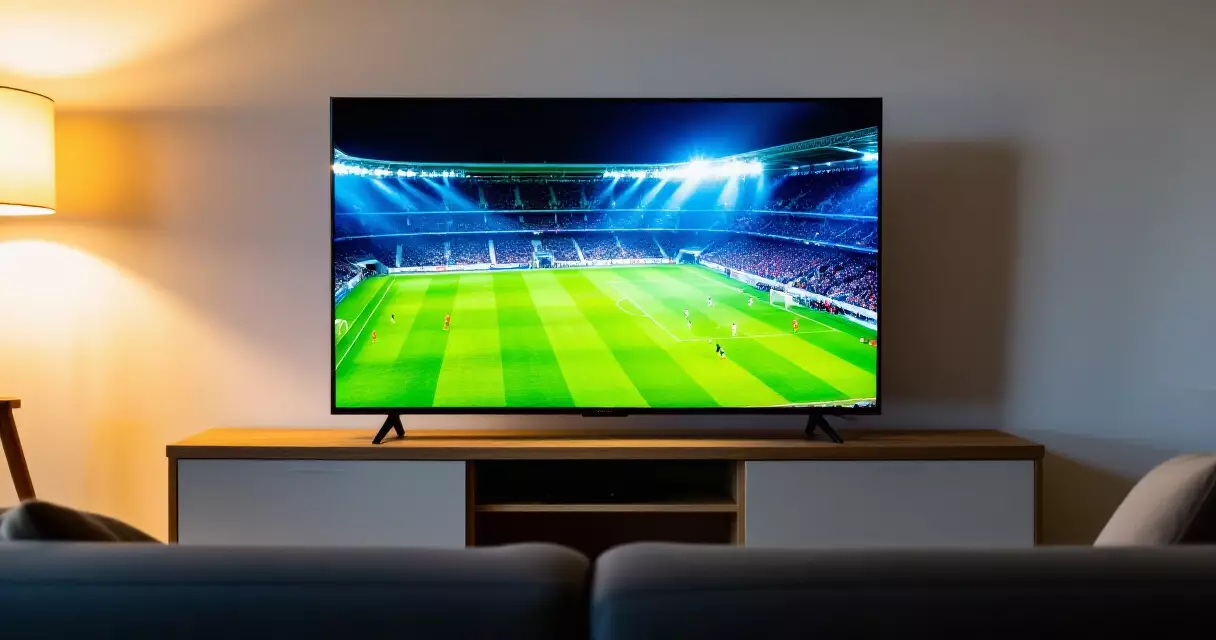 Television in a living room showing a floodlit Champions League stadium at night