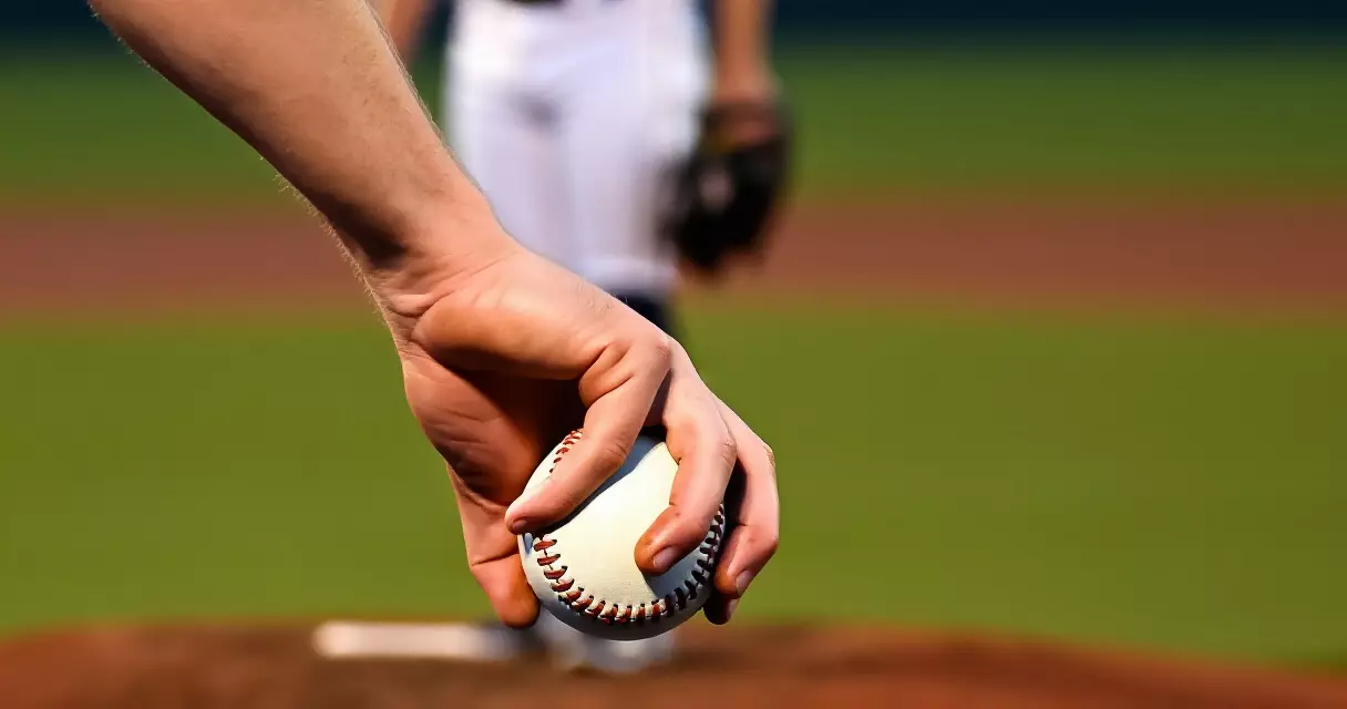 Baseball pitcher gripping a ball on the mound under stadium lights