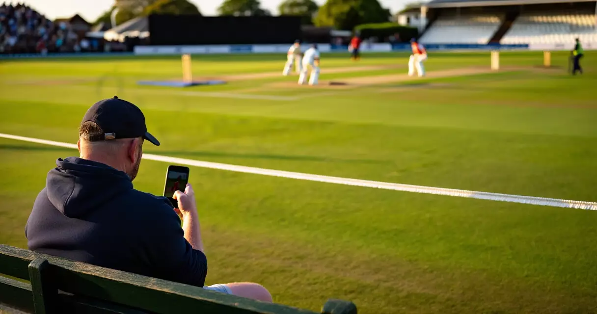 Cricket fan following a live match scorecard on a smartphone at an outdoor ground