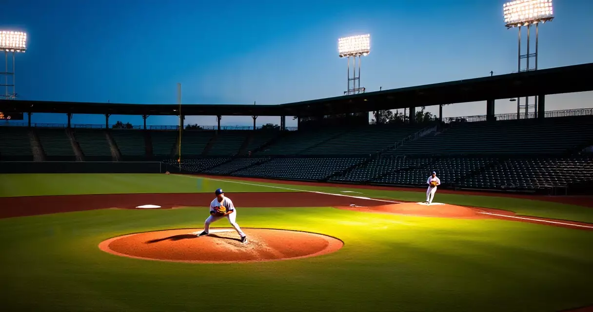 Two MLB pitchers on separate mounds at dusk under stadium lights during warmup