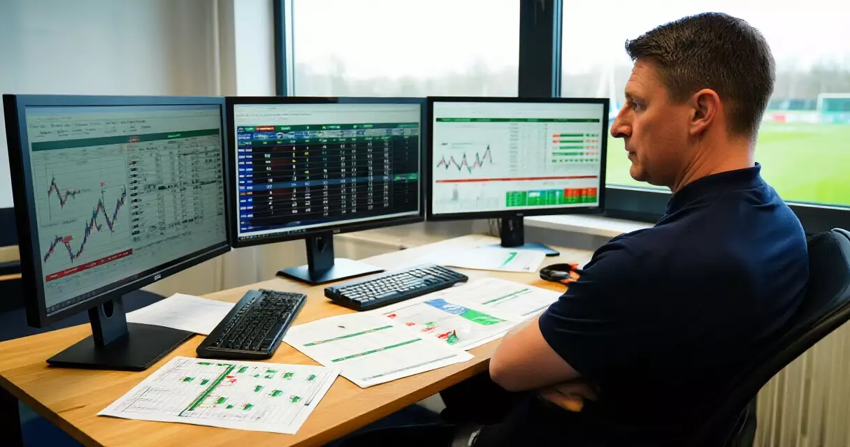 Sports analyst reviewing historical statistics and reference data at a research desk
