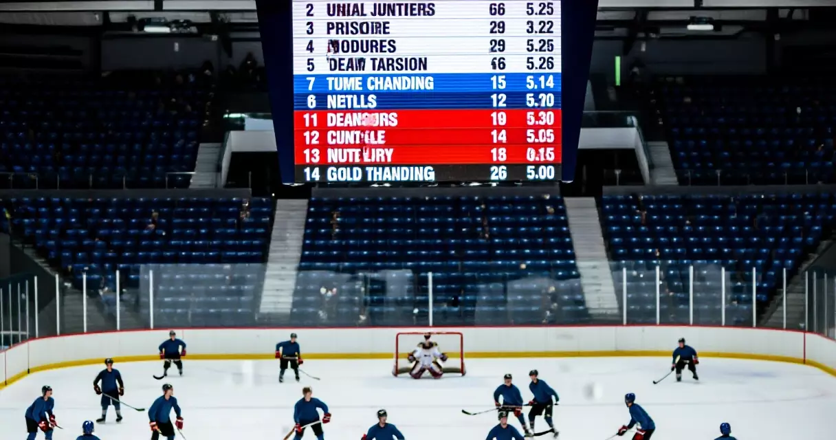 Hockey arena scoreboard showing team standings points column, players warming up on ice