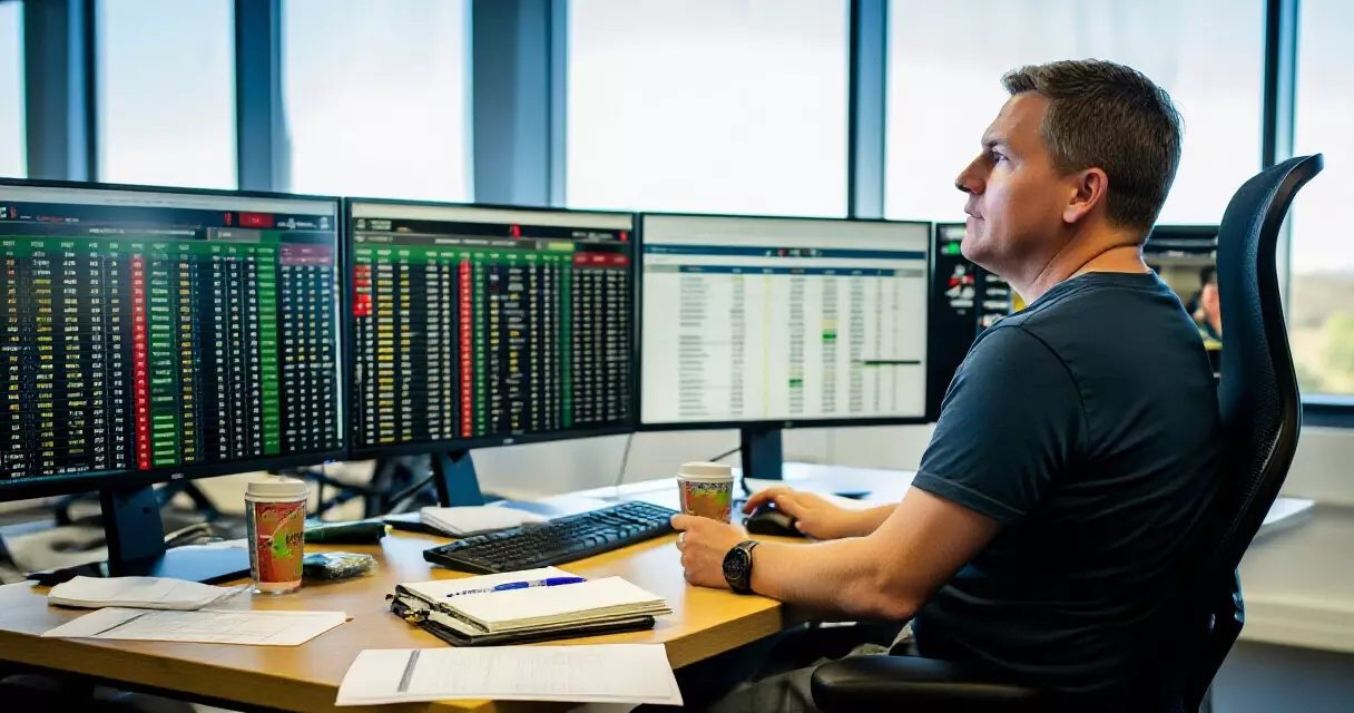Sports analyst reviewing Sports Reference game log data on multiple monitors