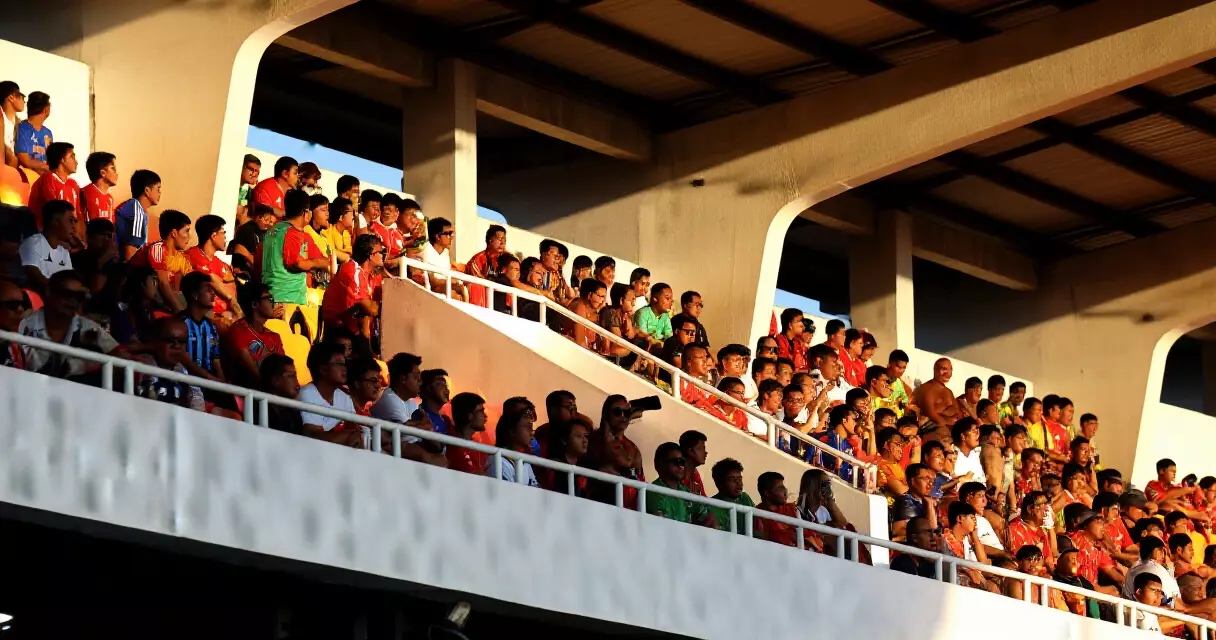 Sports fans watching a live competition in an outdoor stadium, warm afternoon light