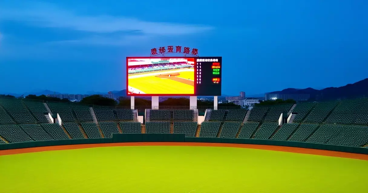 Baseball stadium scoreboard at dusk above an empty field