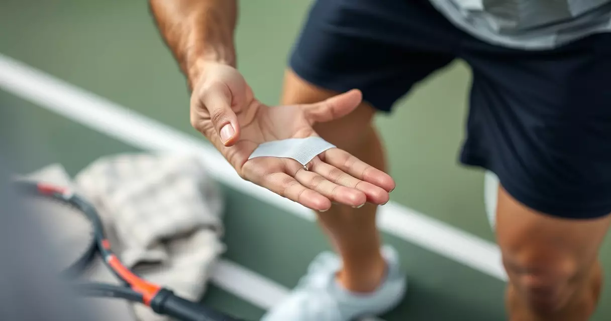Tennis player receiving on-court medical treatment during a match changeover