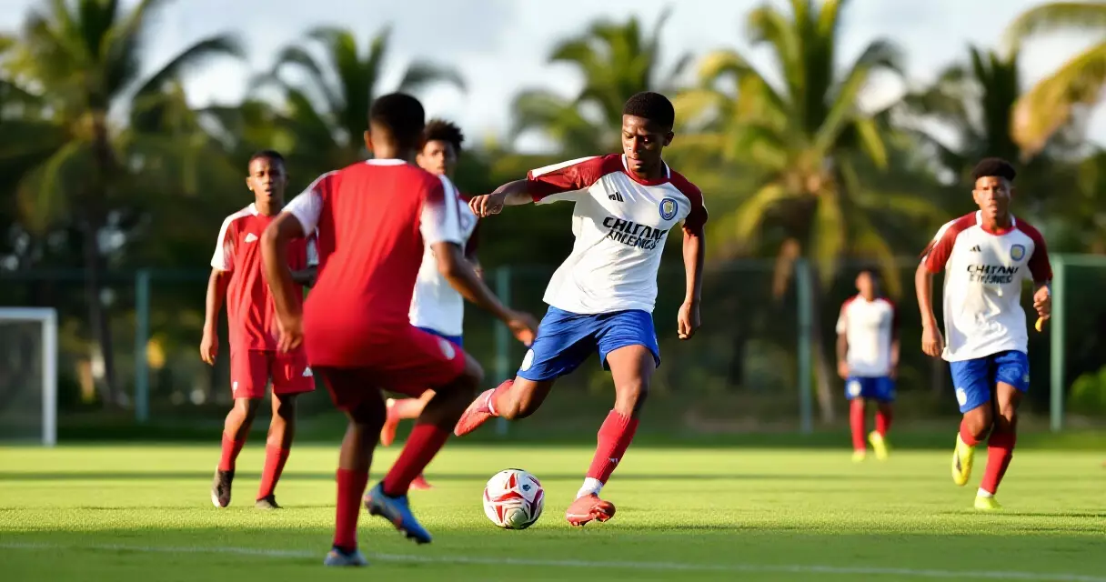 Youth football training session on a green pitch in a tropical setting