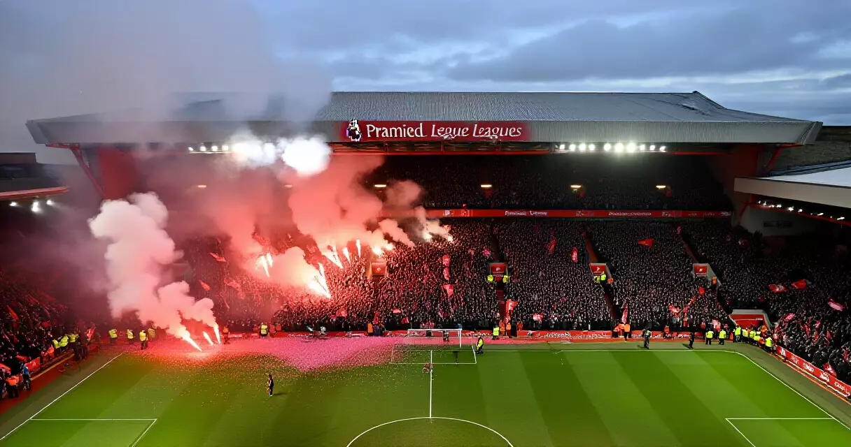 Anfield stadium filled with Liverpool fans celebrating the 2024-25 Premier League title