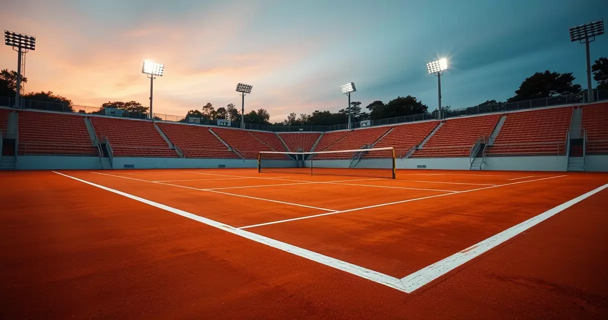 Empty red clay tennis court at dusk under stadium lights