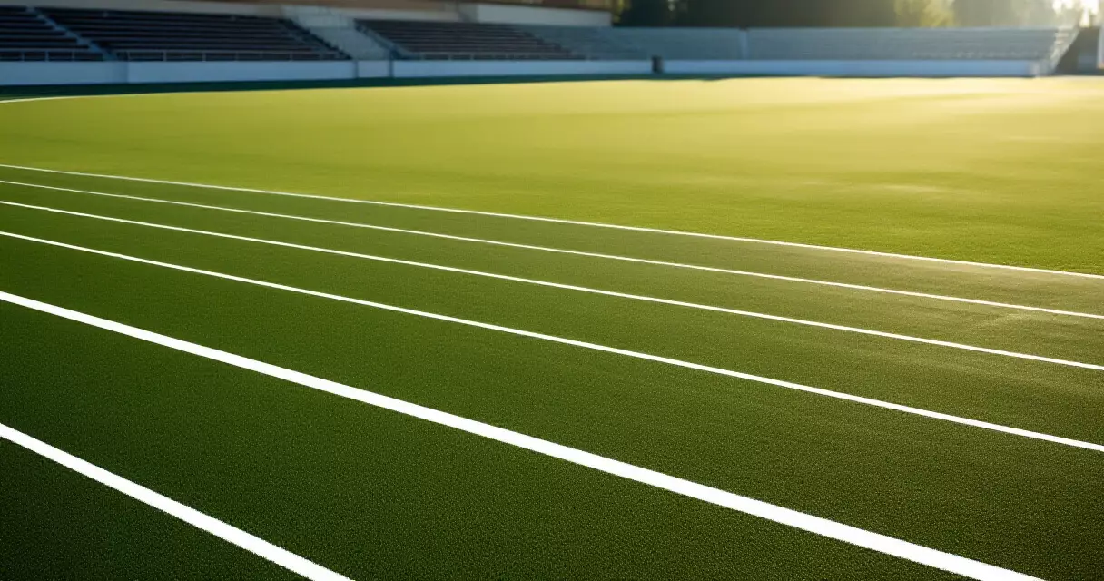 Empty athletics track with grandstands in natural morning light