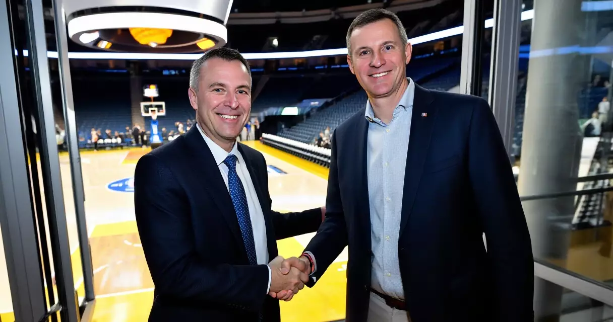 Business handshake in front of NBA arena representing major franchise ownership transfer