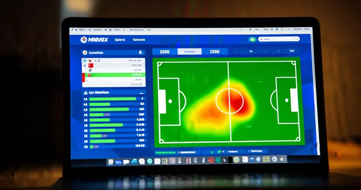 Soccer match statistics dashboard on a laptop showing charts and a pitch heat map