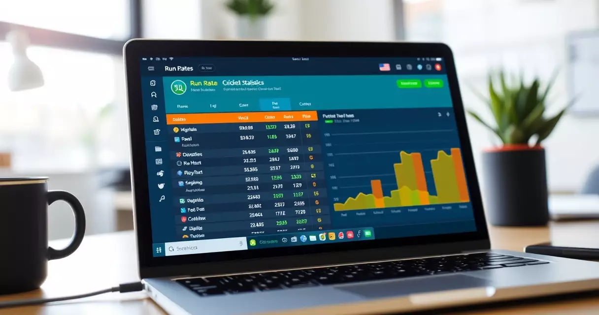 Cricket statistics charts and run-rate graph displayed on a laptop screen