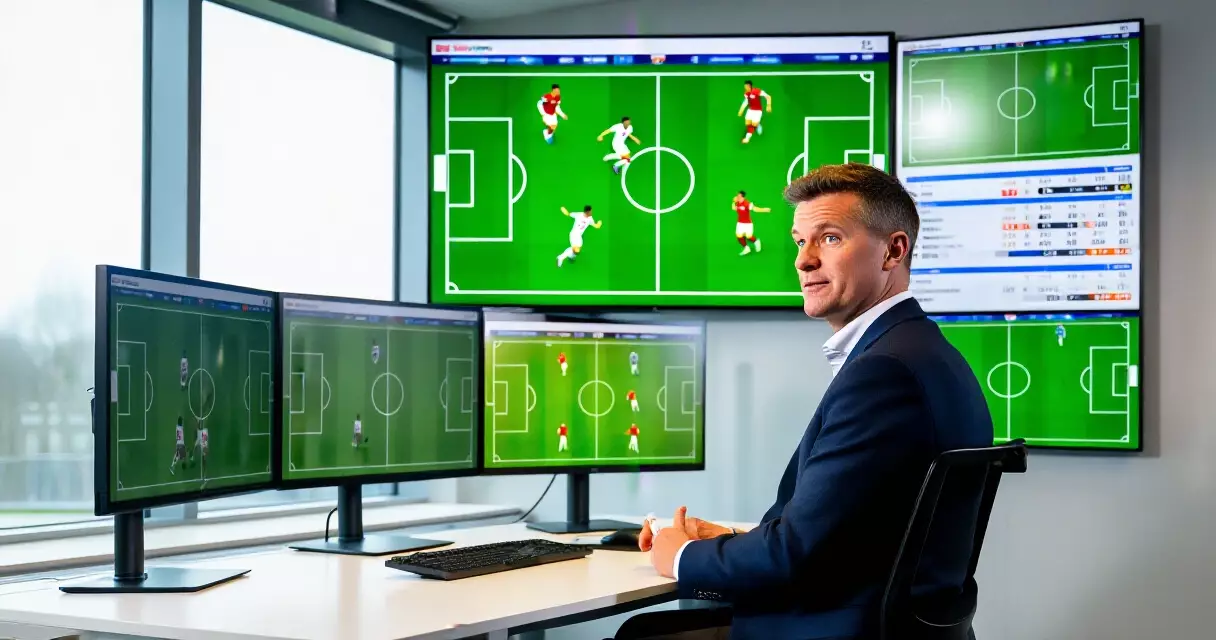 Football journalist analyzing match data on multiple screens in a modern sports newsroom