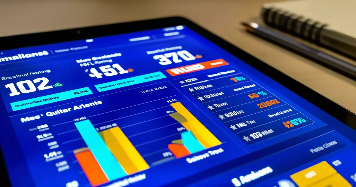 Tablet showing NFL game recap statistics and score breakdown