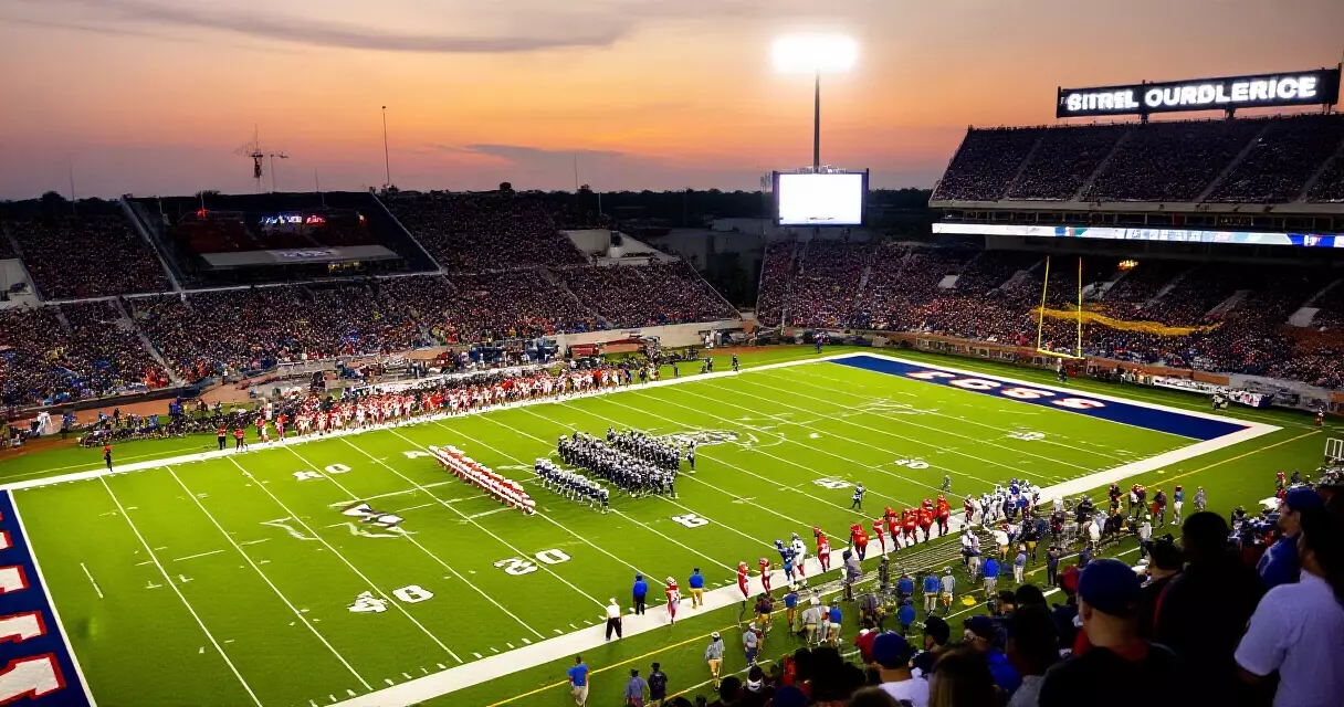 American football stadium at dusk with players at the line of scrimmage and full crowd