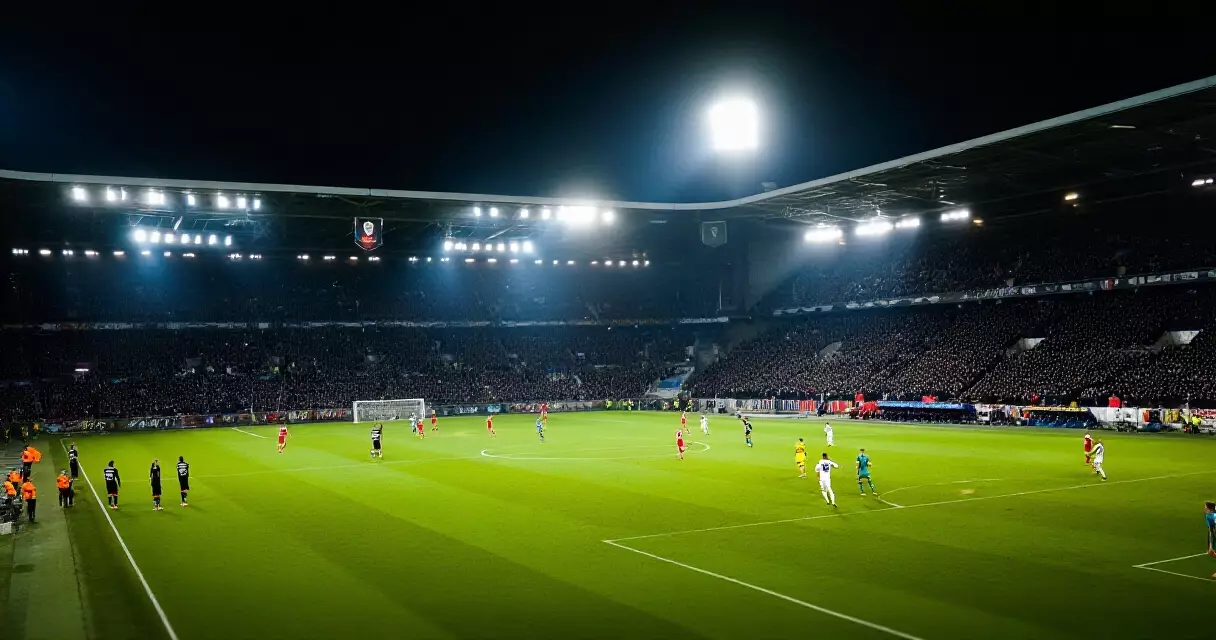 Floodlit football stadium full of fans before a Champions League match at night