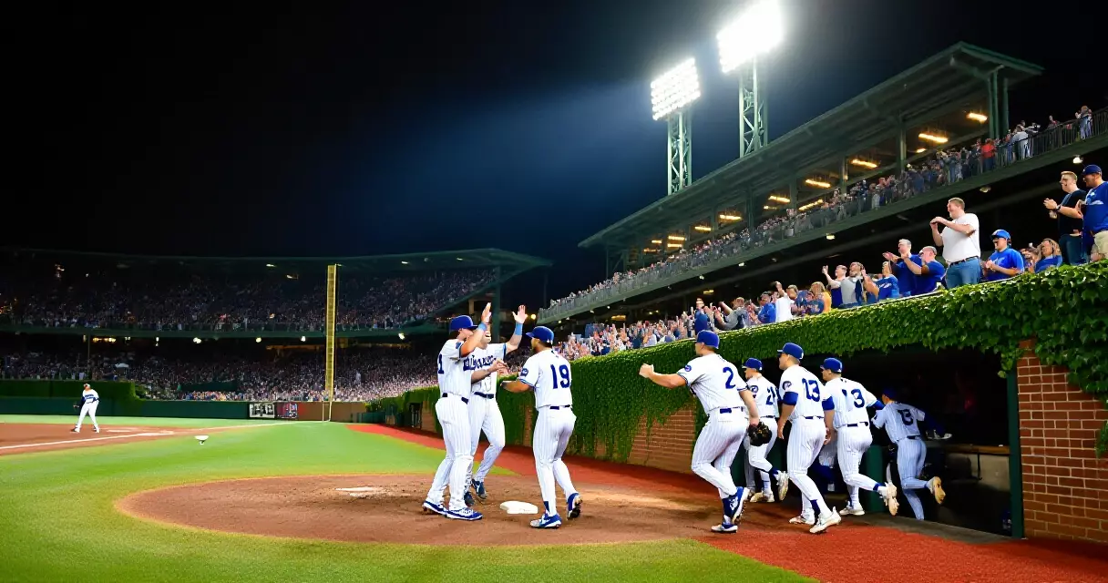 Cubs outfielder celebrates walk-off home run at Wrigley Field during night game