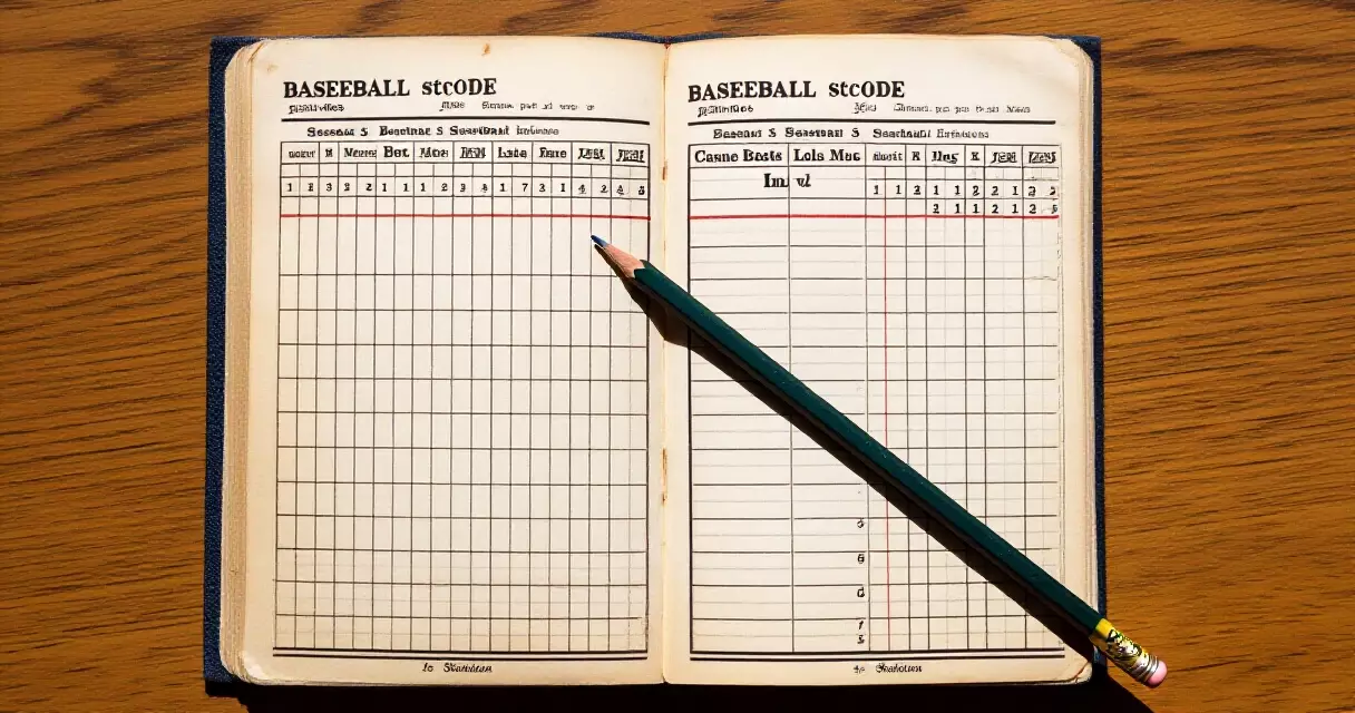 Open baseball scorebook showing a hand-kept grid of innings and player rows