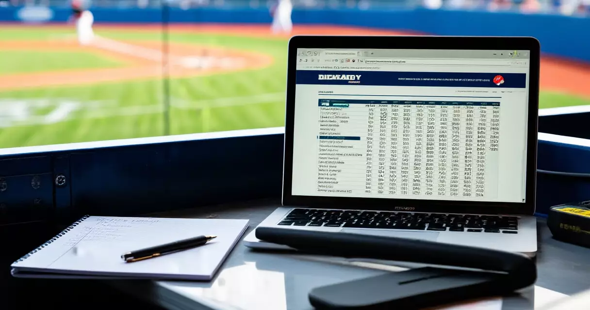 Laptop showing baseball stats next to a notebook in a press box