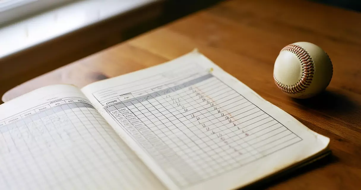 Cricket scorebook and ball on a table, illustrating manual run rate scoring