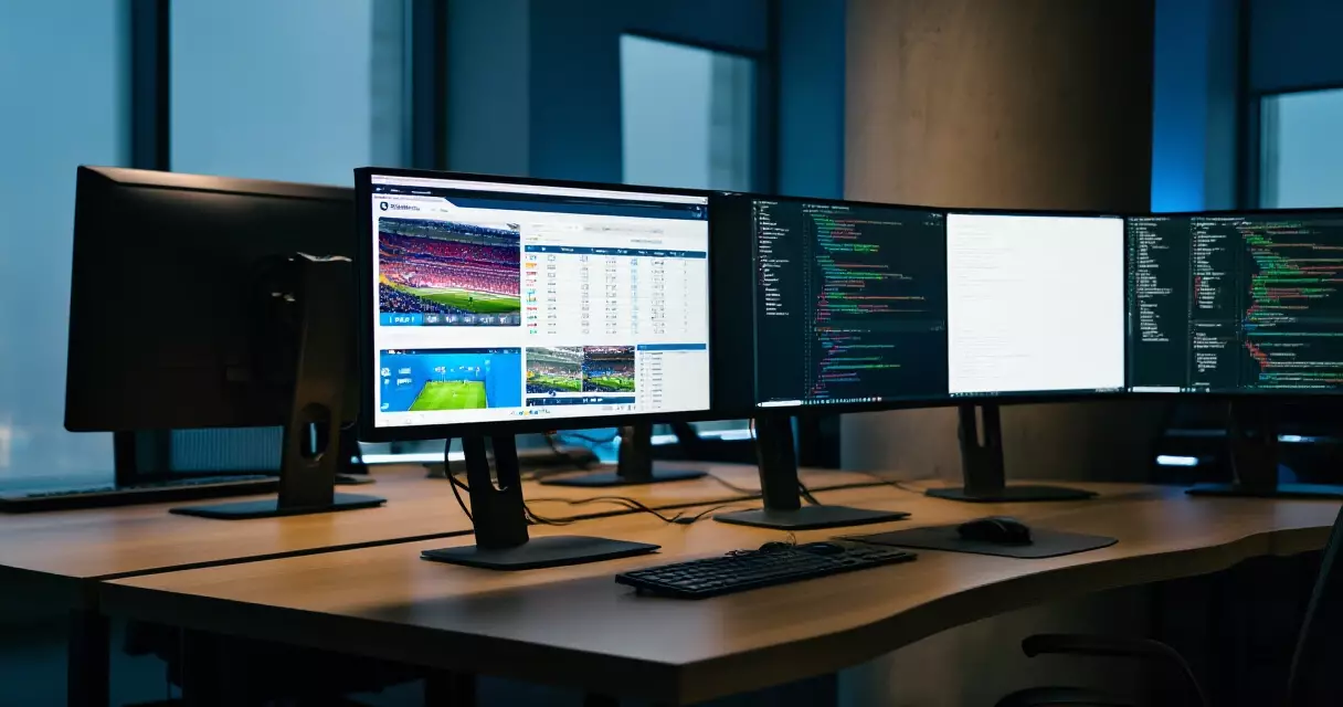 Developer monitors displaying live sports data dashboards and code