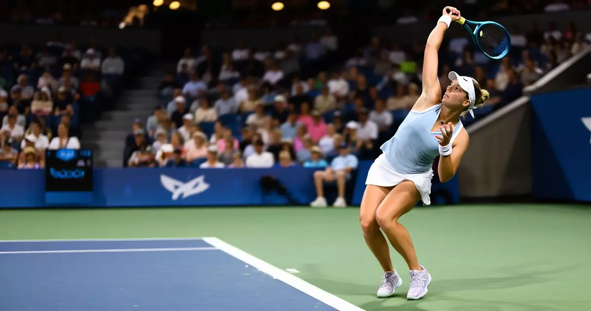 Female tennis player serving during US Open match at night under stadium lights