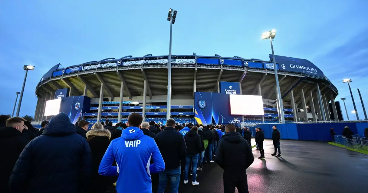 Fans arriving at a European stadium before a Champions League match