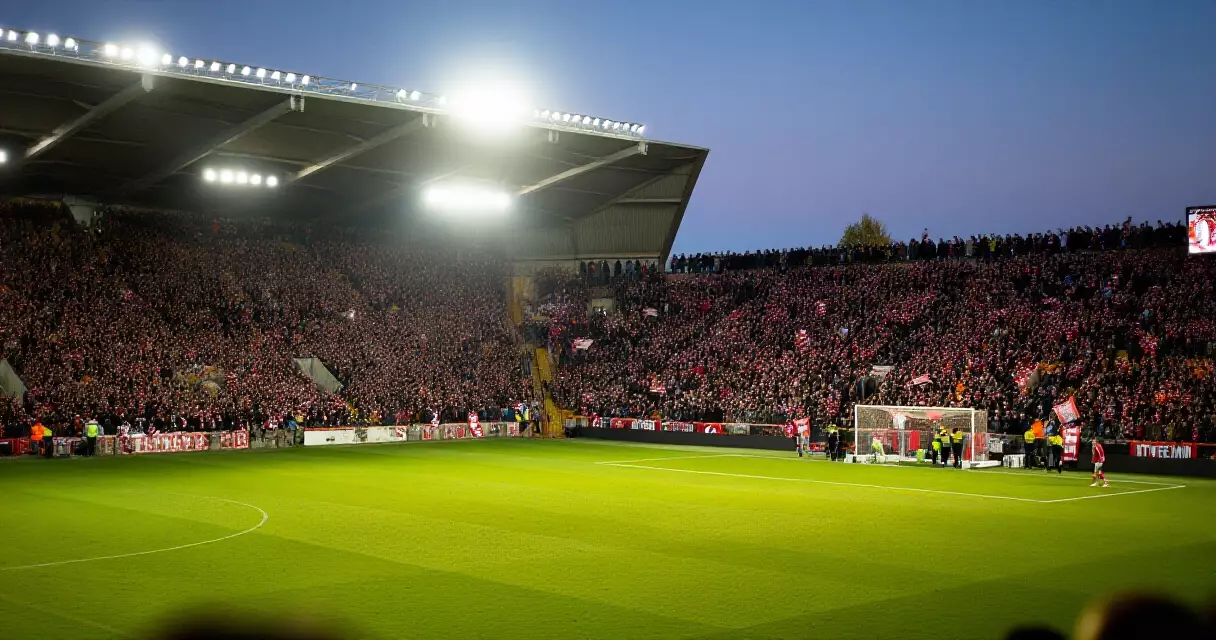 Packed football stadium at dusk with fans in the stands and a green floodlit pitch