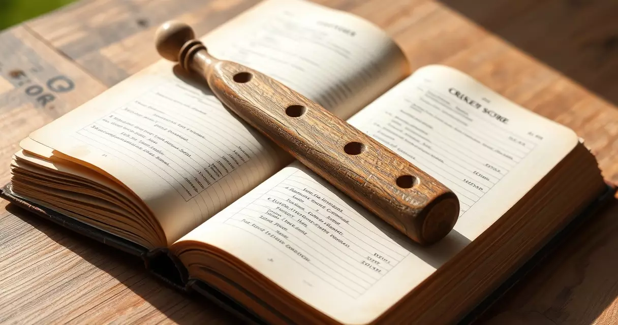 Antique wooden tally stick and an old cricket scorebook showing early manual scoring methods