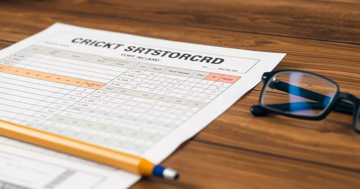 Printed cricket scorecard with batting and bowling columns on a table
