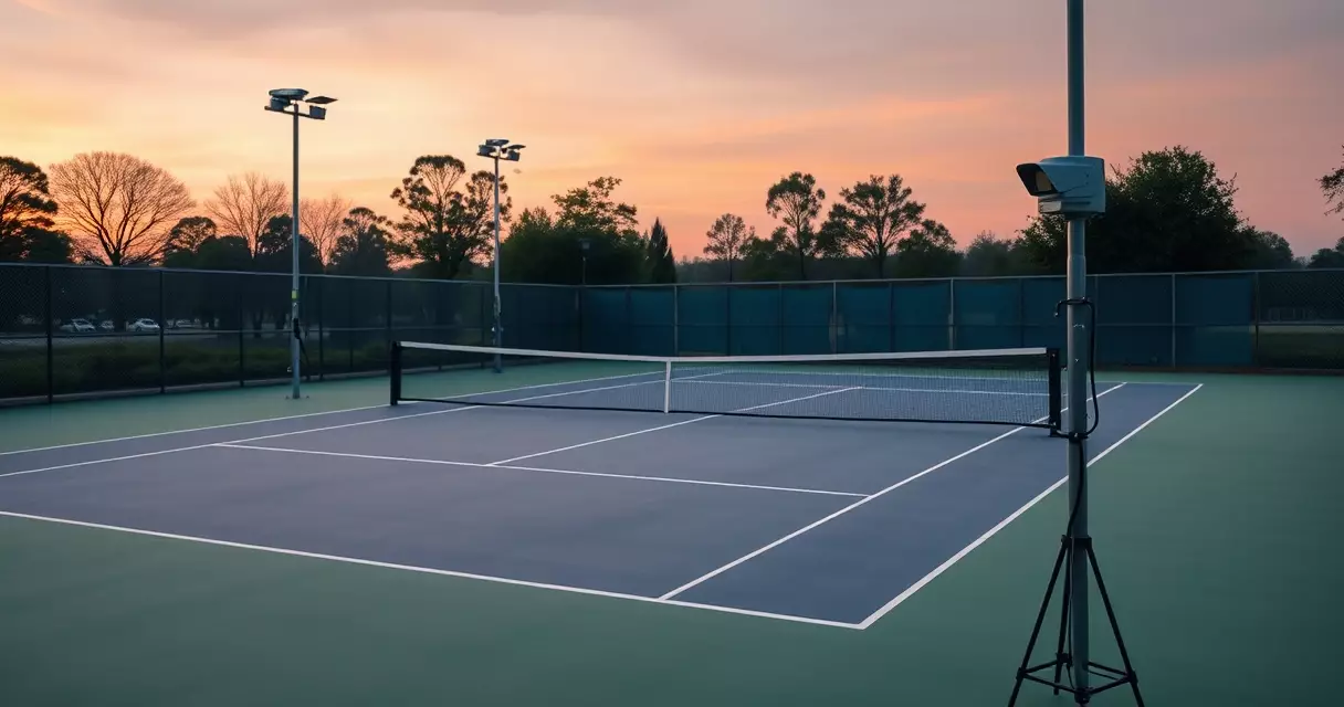 Empty tennis court at dusk with electronic line-calling cameras around the perimeter