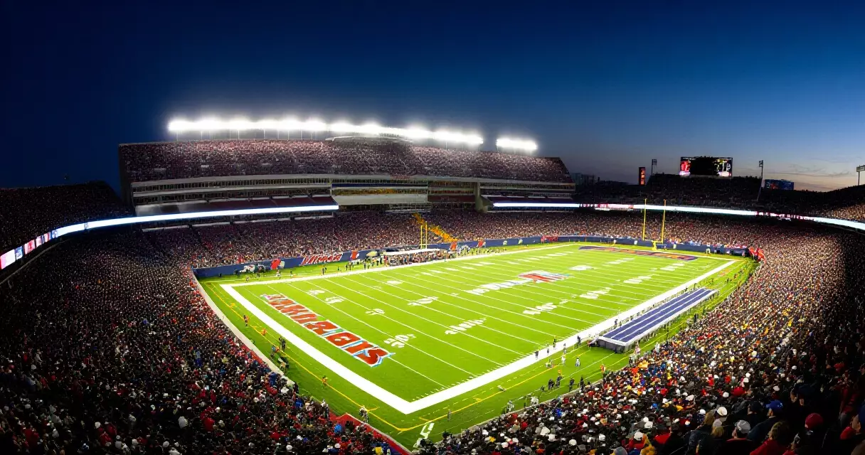 NFL stadium filled with fans under bright lights on a game night