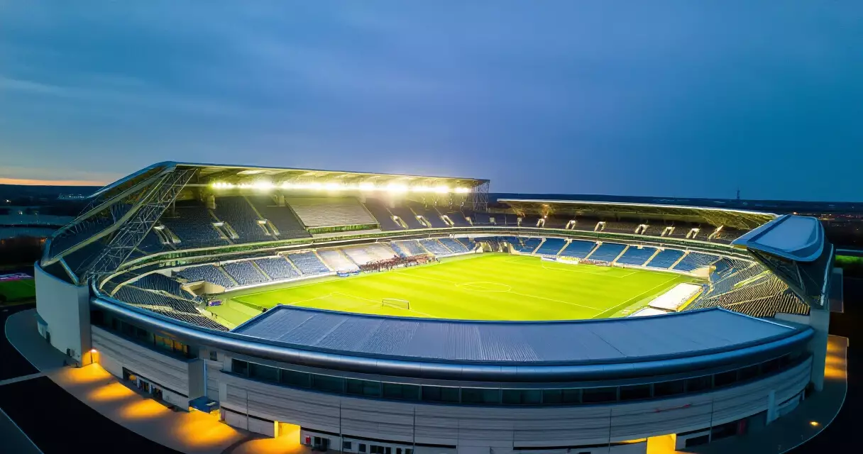 Large international football stadium under floodlights at dusk