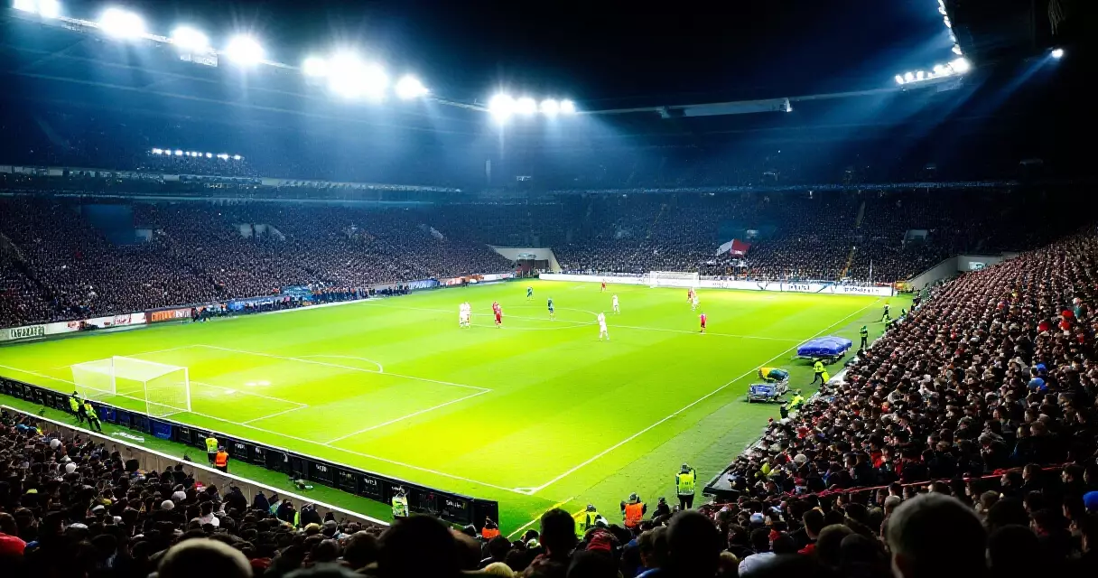 Floodlit football stadium at night during a Champions League match