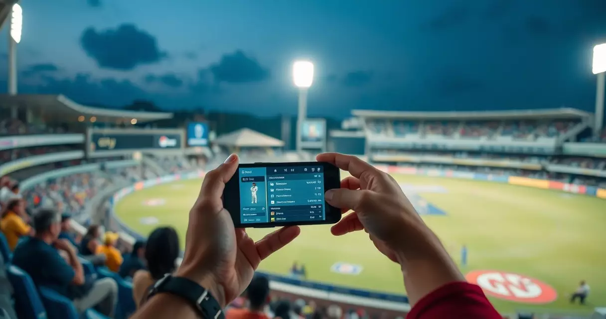 Spectator following a live cricket score on a phone at a floodlit match