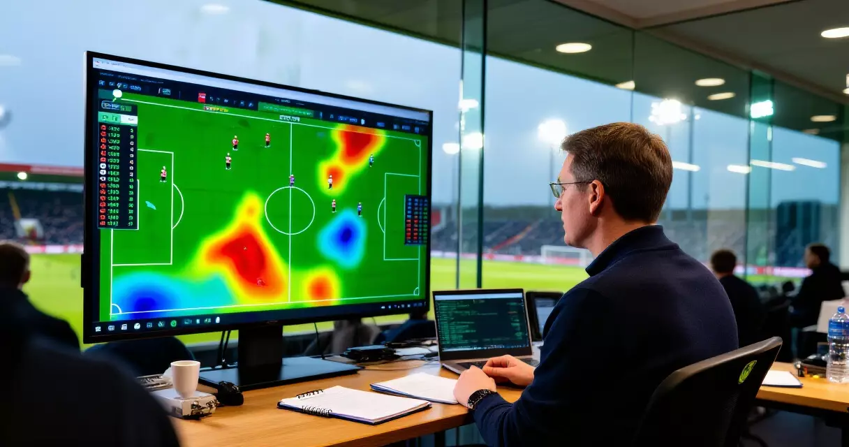 Football analyst reviewing post-match statistics and heatmaps on a large screen in a modern media centre