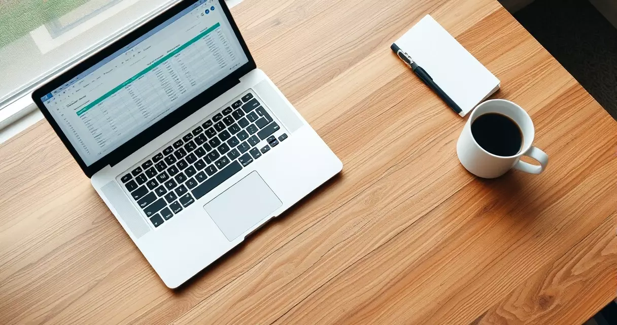Desk with a laptop spreadsheet and notebook used for tracking results