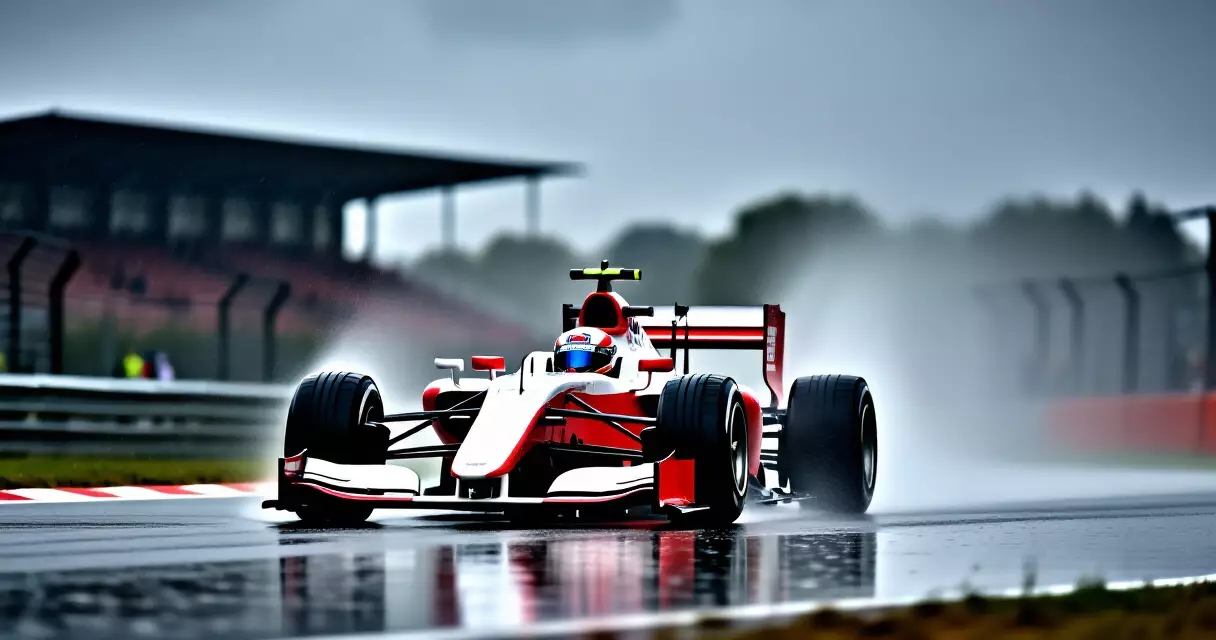 Formula 1 car racing through heavy rain with spray on wet circuit