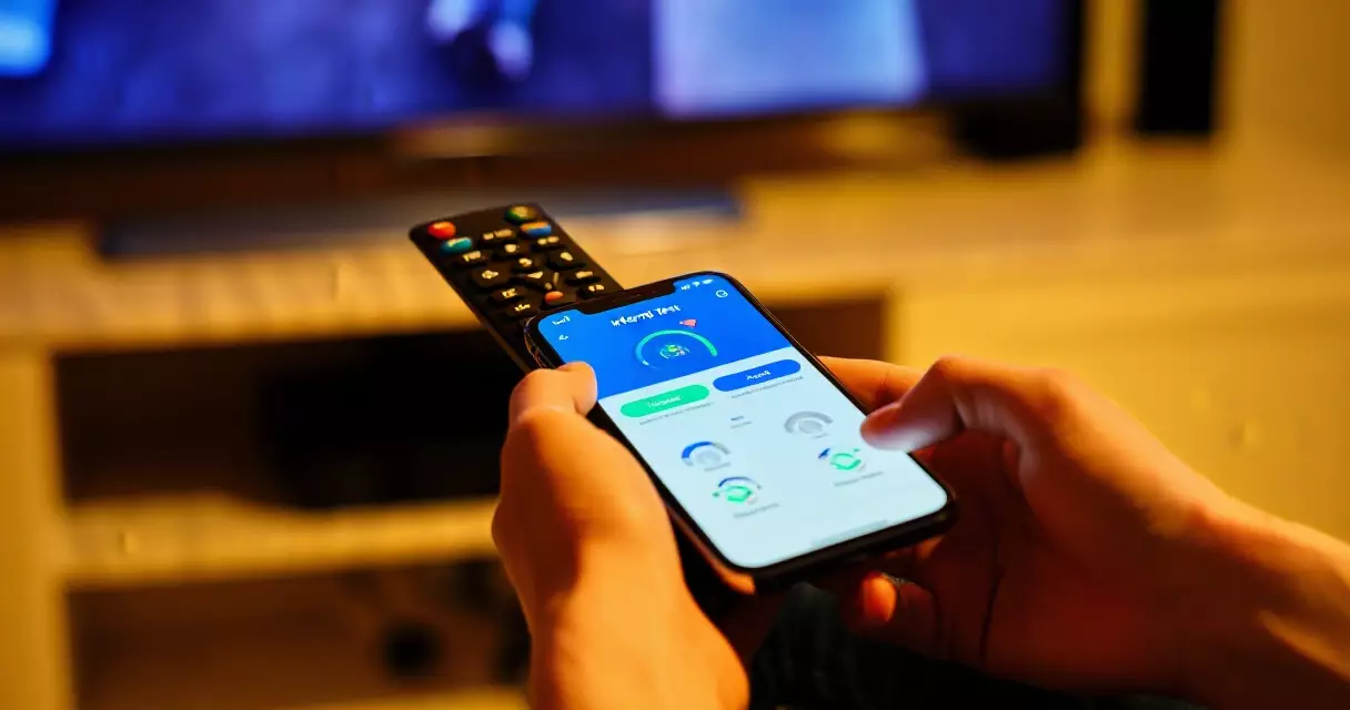 Person running an internet speed test on a phone while holding a TV remote