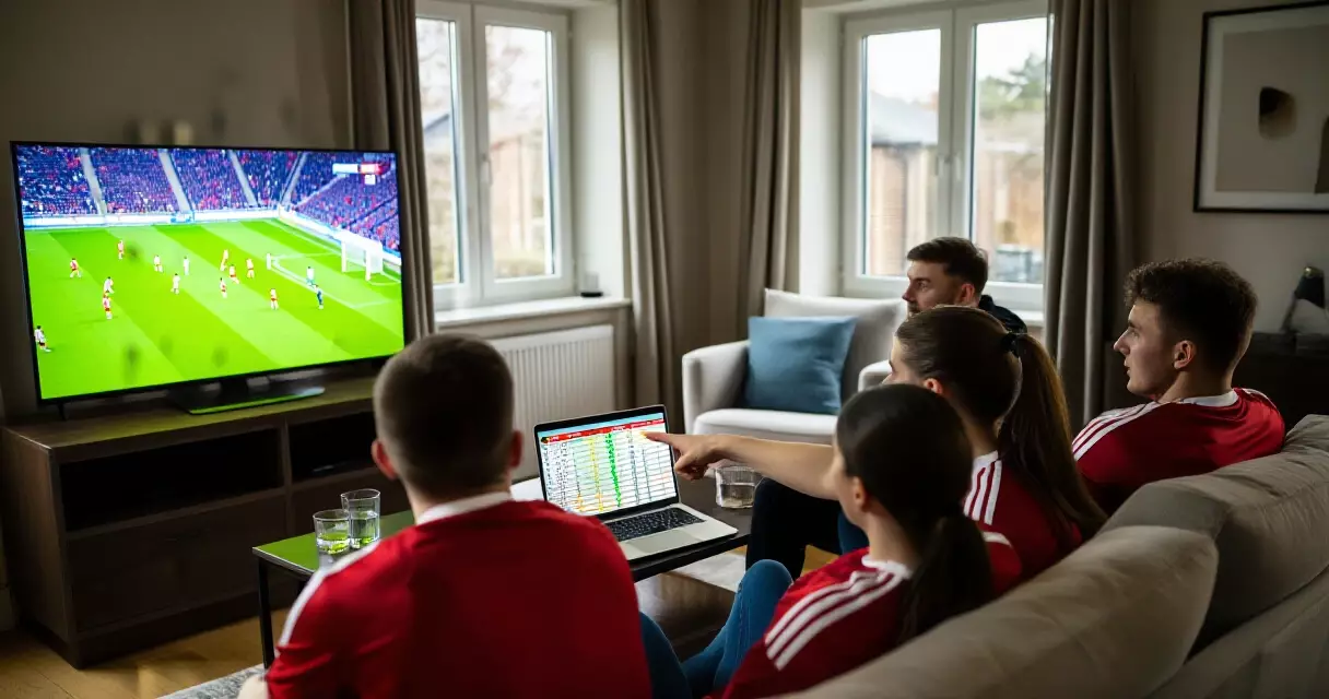 Sports fans discussing match statistics and reference data at home