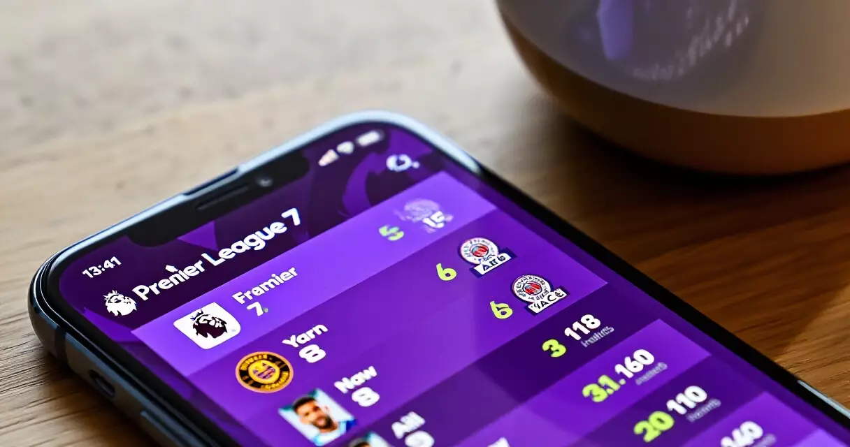 Smartphone showing Premier League fixture schedule with kickoff times on a wooden desk