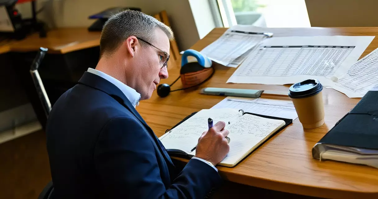Basketball analyst reviewing competition reference statistics at a desk