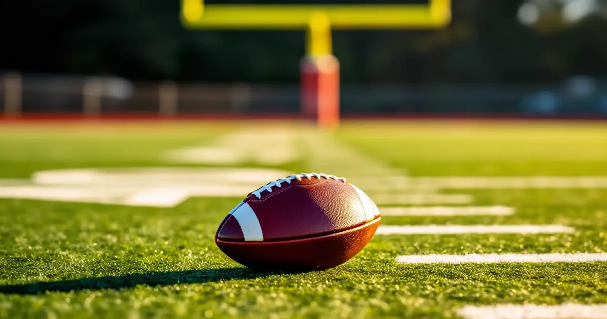 NFL football on field turf beside white yard line markings and goalposts