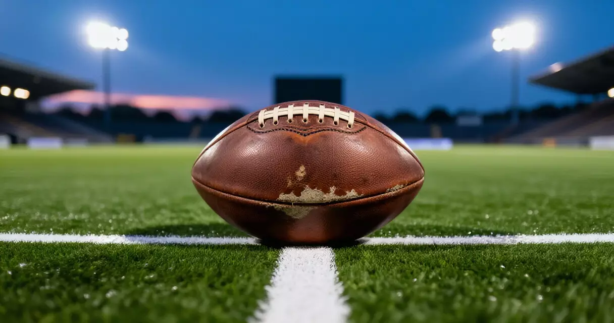 Football resting on the center circle of a floodlit pitch at dusk