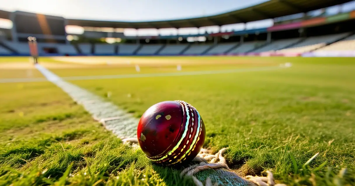 Cricket ball on the outfield grass near the boundary of a stadium