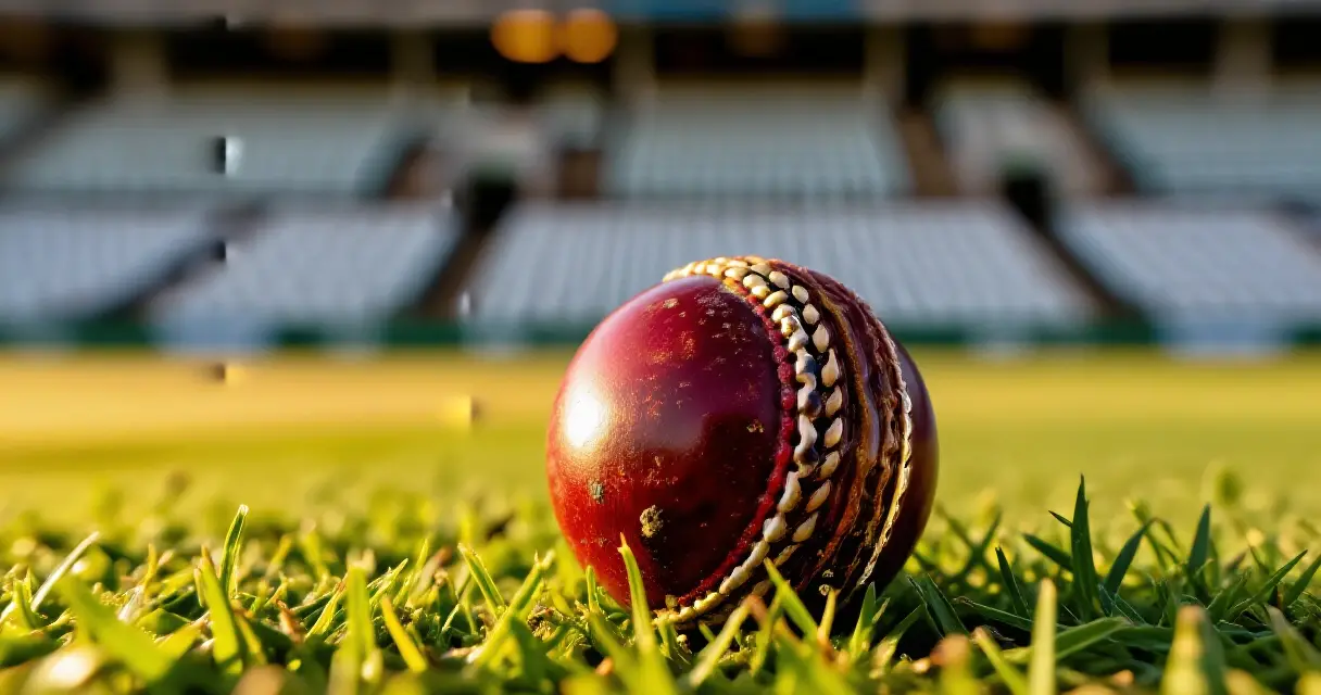 Cricket ball on a grass pitch at golden hour, evoking historic Test match scorecard moments